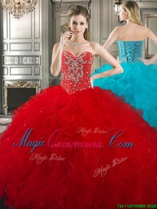 New Style Red Tulle Sweet 16 Fashionable Quinceanera Dress with Beading and Ruffles