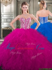 Popular Beaded and Ruffled Big Puffy Sweet 16 Fashionable Quinceanera Dress in Fuchsia