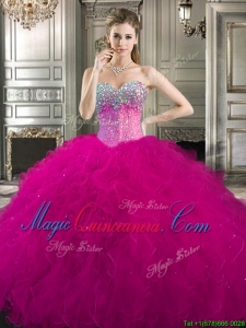 Pretty Beaded and Ruffled Tulle Sweet 16 Fashionable Quinceanera Dress in Fuchsia