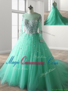 See Through Scoop Long Sleeves Beading Sweet 16 Fast Delivery Quinceanera Dress with Brush Train