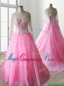 See Through Scoop Long Sleeves Quinceanera Dress with Beading