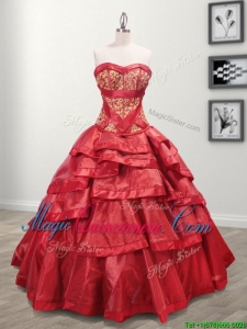 Most Popular Taffeta Red Quinceanera Dress with Appliques and Ruffled Layers