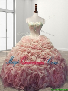 Beautiful Rolling Flowers Baby Pink Sweet 16 Dress with Beading