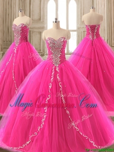Elegant Beaded Hot Pink Sweet 16 Gown with Brush Train