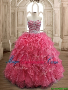 Fashionable Beaded and Ruffled Coral Red Quinceanera Dress in Organza