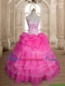 Inexpensive Hot Pink Organza Quinceanera Dress with Ruffled Layers and Beading
