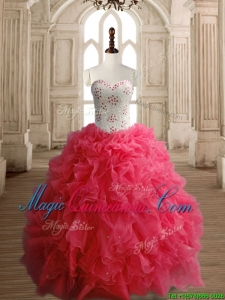 Latest Beaded Bodice and Ruffled Quinceanera Dress in Coral Red