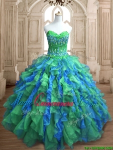 Most Popular Applique and Ruffled Quinceanera Dress in Green and Blue