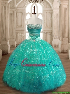 Perfect Really Puffy Sequined Quinceanera Gown in Turquoise