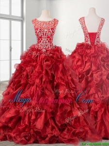 See Through Beaded Scoop Wine Red Quinceanera Dress with Brush Train