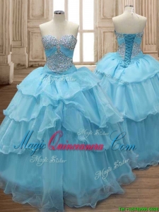 Comfortable Baby Blue Organza Sweet 16 Dress with Beading and Ruffled Layers
