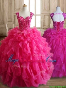 Exclusive Straps Hot Pink Quinceanera Dress with Beading and Ruffles