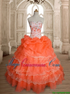 Exquisite Orange Red Big Puffy Quinceanera Dress with Ruffled Layers and Beading