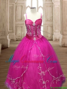 Exquisite Spaghetti Straps Beaded and Applique Quinceanera Dress in Hot Pink