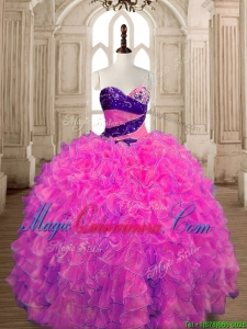 Inexpensive Big Puffy Hot Pink Quinceanera Dress with Beading and Ruffles