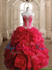 Luxurious Red Big Puffy Sweet 16 Dress with Beading and Ruffles