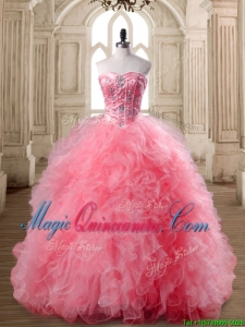 Luxurious Watermelon Red Sweet 16 Dress with Beading and Ruffles