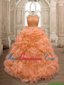 See Through Scoop Beaded and Ruffles Quinceanera Dress in Orange
