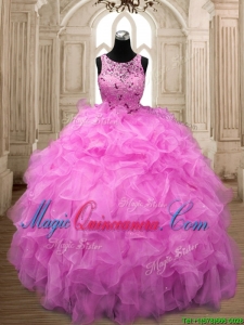 See Through Scoop Hot Pink Sweet 16 Dress with Beading and Ruffles