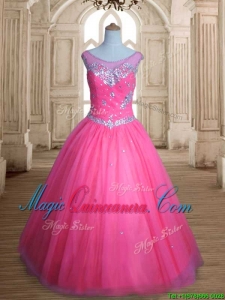 See Through Scoop Rose Pink Quinceanera Dress with Beading
