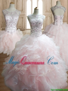 Wonderful Scoop Beading and Ruffles Detachable Quinceanera Dress in Baby Pink