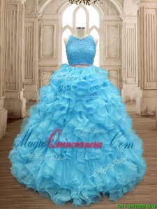 Two Piece Scoop Beaded and Ruffles Quinceanera Dress in Baby Blue