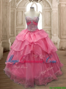 Unique Watermelon Red Organza Quinceanera Dress with Beading and Ruffled Layers