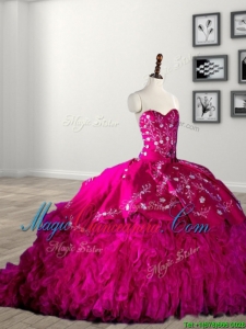Classical Rhinestoned and Ruffled Fuchsia Quinceanera Dress with Brush Train