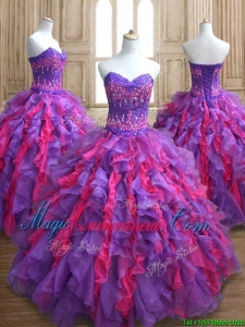 Cheap Applique and Ruffled Quinceanera Dress in Purple and Hot Pink