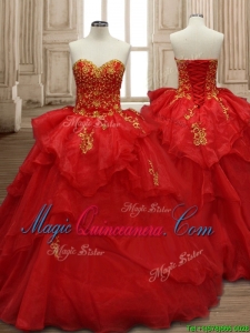 Classical Applique and Ruffled Layers Organza Quinceanera Dress in Red