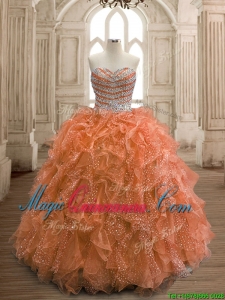 Exquisite Rust Red Organza Quinceanera Dress with Beading and Ruffles