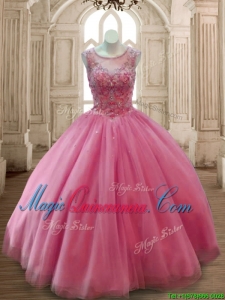 Fashionable Scoop Rose Pink Tulle Quinceanera Dress with Beading