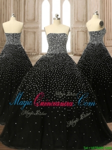 Latest Strapless Beading Black Quinceanera Dress with Brush Train