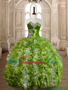 Lovely Olive Green and White Quinceanera Dress with Beading and Ruffles