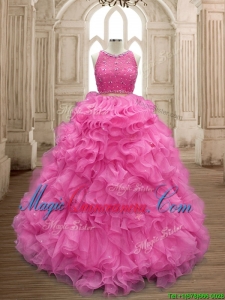 Two Piece Scoop Beaded and Ruffles Quinceanera Dress in Organza