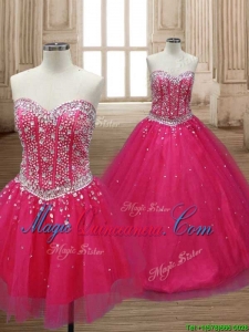 Wonderful A Line Hot Pink Detachable Quinceanera Dress with Beading