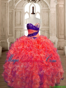 Exquisite Big Puffy Beaded and Ruffled Quinceanera Dress in Orange Red