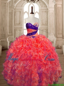 Exquisite Big Puffy Beaded and Ruffled Quinceanera Dress in Orange Red