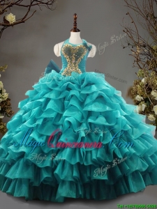 Fashionable Halter Top Teal Quinceanera Dress with Beading and Ruffled Layers