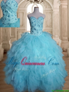 Latest Beaded and Ruffled Tulle Quinceanera Dress in Baby Blue