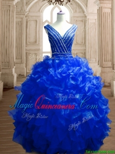 Modest Beaded and Ruffled Deep V Neckline Quinceanera Dress in Royal Blue