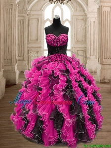 Modest Hot Pink and Black Quinceanera Dress with Beading and Ruffles