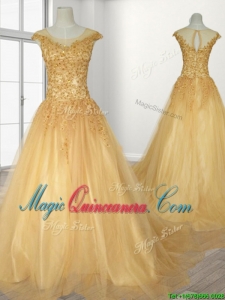 See Through Scoop A Line Beading Quinceanera Gown with Brush Train