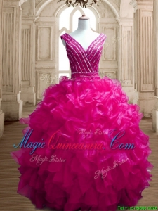 Gorgeous Deep V Neckline Beading and Ruffles Quinceanera Dress in Fuchsia