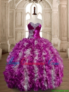 Popular Beaded and Ruffled Fuchsia and White Quinceanera Gown