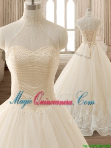 See Through High Neck Champagne Quinceanera Dress with Beading and Appliques