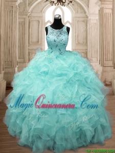 See Through Scoop Beading and Ruffles Quinceanera Dress in Aqua Blue