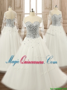 See Through Scoop Long Sleeves White Quinceanera Dress with Beading