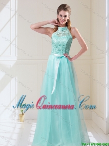 Elegant Empire Halter Top Laced Mint Dama Dresses with Sash