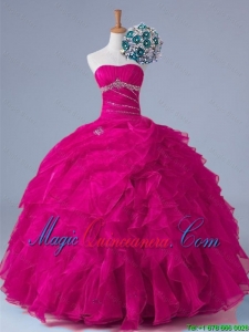 2015 Fall Elegant Strapless Beaded Quinceanera Gowns in Fuchsia
